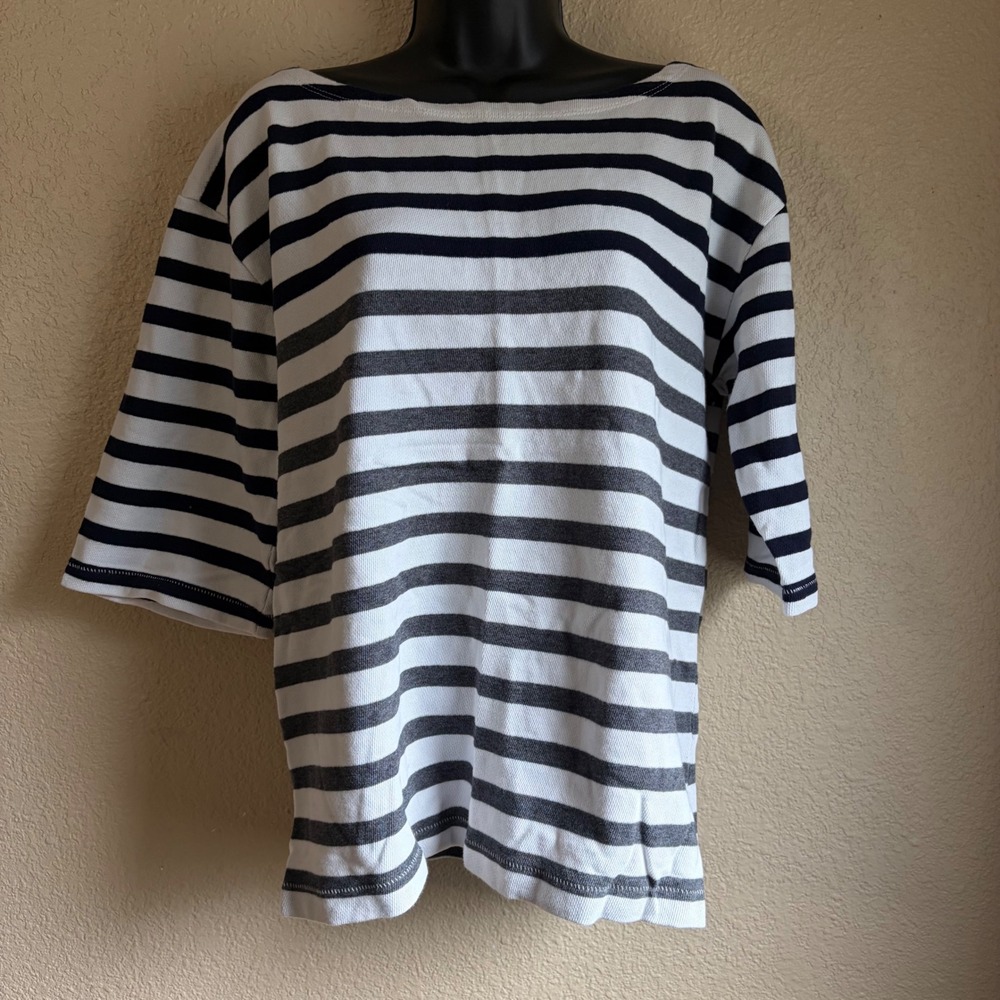 Jcrew Womens Striped Boat Neck Elbow Sleeve Boxy Knit Top White Navy Grey